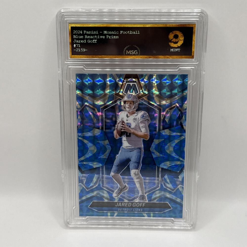 Jared Goff 2024 Panini Mosaic Reactive Blue Prizm SP NFL Lions Graded 9 Mint
